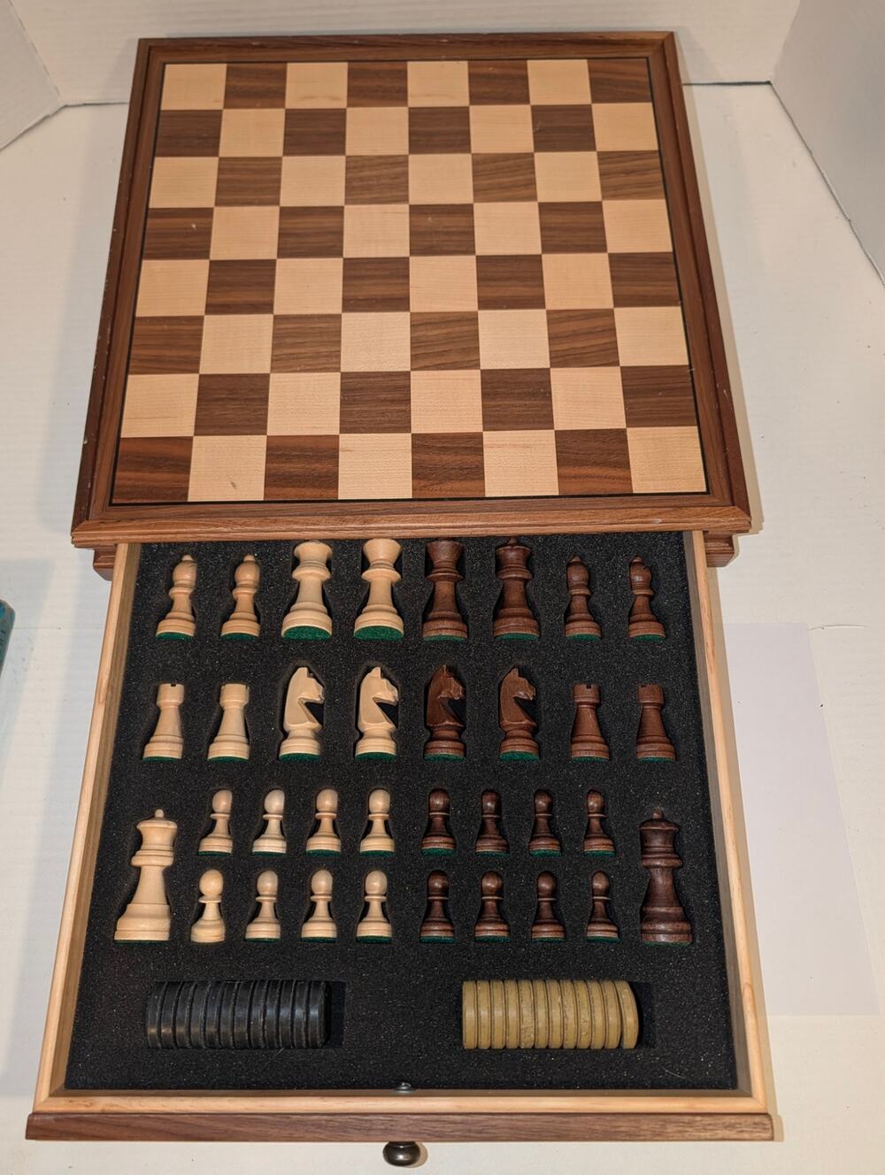 15" Large Wooden Chess/Checkers Board Game Storage Drawer Complete Clay Checkers